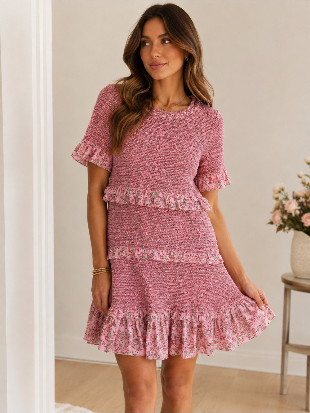 LoveShackFancy Pink Floral Smocked Ruffle Mini Dress Size Large